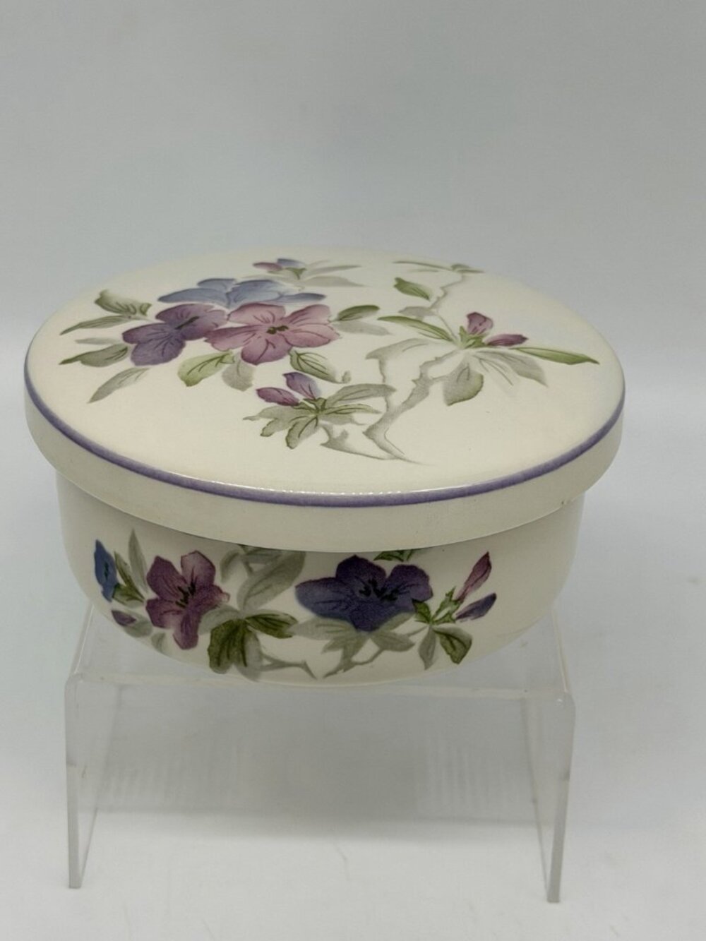 Hankook Blue & Purple Pansies Lidded Trinket Box Bone China Floral Round Bowl